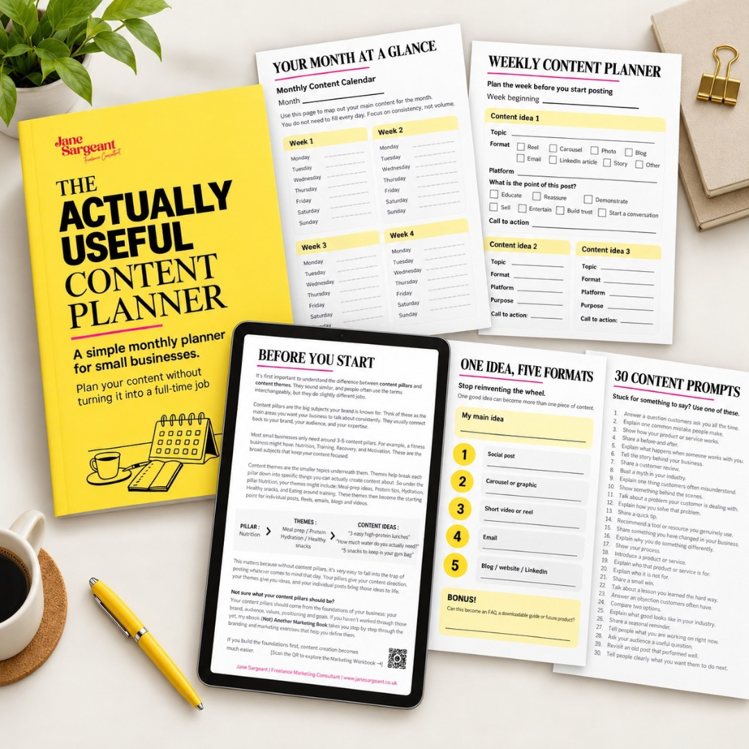 The Actually Useful Content Planner, a £5 digital social media and content planning workbook for small business owners, shown with monthly and weekly content planners, 30 content prompts, content strategy pages and social media planning worksheets.